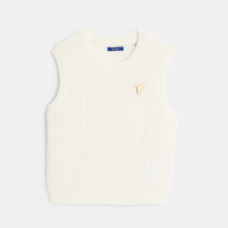 سترة (كنزة) من الصوف، مُضلعة وبدون أكمام، باللون الأبيض للفتيات